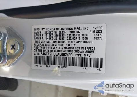 2010 Honda Accord Crosstour Ex-L z USA, uszkodzony, nr VIN 5J6TF2H55AL002490